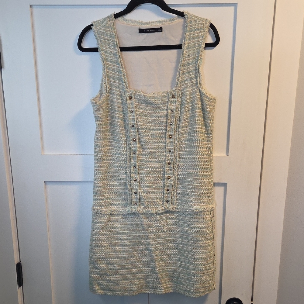 Zara Mint And Gold Shift Tweed Dress Sleeveless Gold Metallic